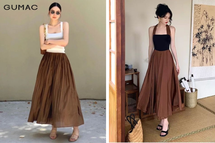 Áo hai dây phối với váy rời xếp ly cho nàng dạo phố